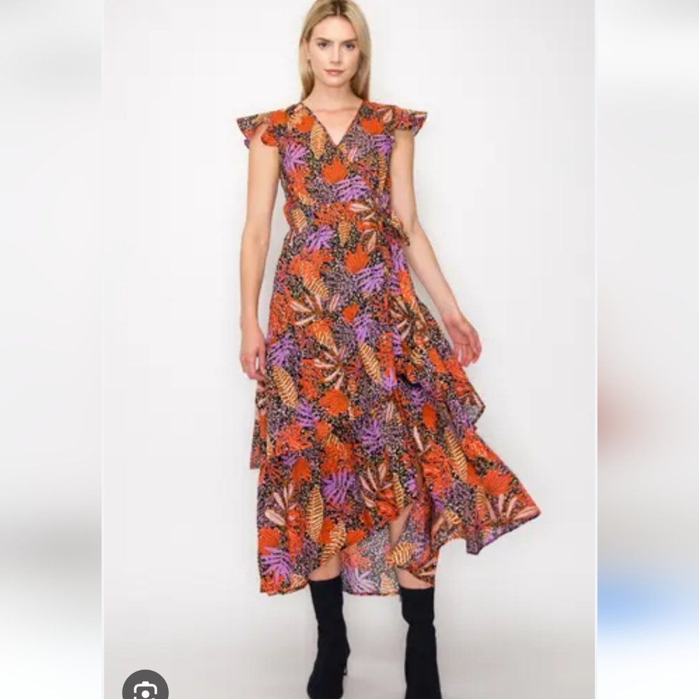Anthro Melloday Flutter Sleeve Tiered Floral Midi Maxi Dress XL‎ Faux Wrap Fall